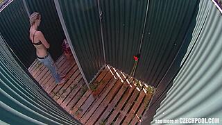 czech milf spied in shower by hidden cam at public pool. voyeur catches nude european babe bathing solo with ass view in reality homemade video.