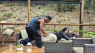 Muscular black bodybuilder massages curvy latina's big natural tits and vagina in shower. Uses cum to soften her skin.