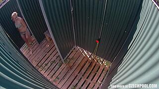 czech milf spied in shower by hidden cam at public pool. voyeur catches nude european babe bathing solo with ass view in reality homemade video.