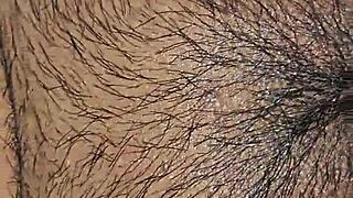 latina wife in black panties takes cumshot on hairy beaver and big ass.