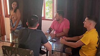 husband invites friends for cards but wife ends up fucking all three