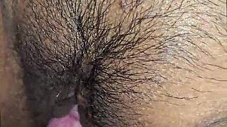 latina wife in black panties takes cumshot on hairy beaver and big ass.