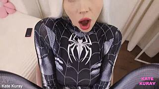 kate kuray teases in spider-girl cosplay with tight wet pussy homemade blowjob and doggystyle fucking