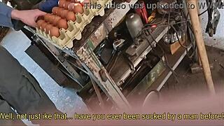 On a sunny ranch, a straight farmer guy gets convinced to try a thrilling blowjob and handjob from another country fellow.