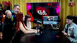 Binho Ted licks the pink pussy of the young girl on the podcast table while Ruan watches silently