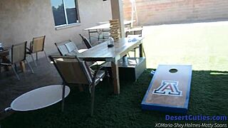 College girls shey holmes and friends play naked cornhole outdoors