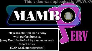20 Years Old Brazilian Ebony with Perfect Breasts Takes Monster Cock Balls Deep Then 2 More in DAP Anal 3on1