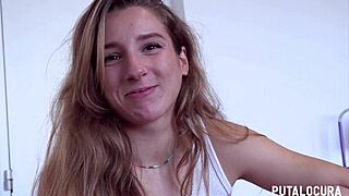 Skinny blonde teen rides small cock in missionary and doggystyle with cum swallow.