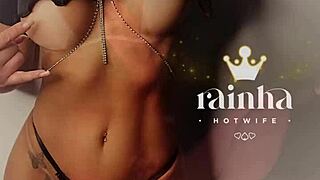 Brazilian hotwife queen masturbates sensually in lingerie while her husband watches the big tits amateur solo session.