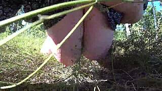 Lesbians find dildo in forest where girlfriend fucks milf doggystyle shaking big ass in panties and big boobs pov