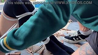 Hottie In Stockings Tied By Rope Outdoors For Tickling With Pretty Teen 18+ Moaning And Fetish Play