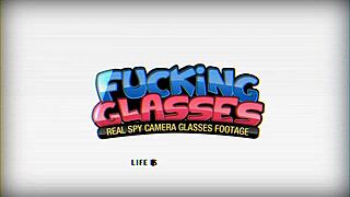 In a daring encounter, shy teen Rina with glasses gets fucked hard on the stairway, ending in cumshot.