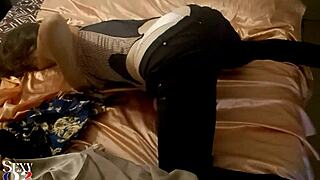 uh, i'm amateur slut in zebra satin corset white satin panties black leather pants doing doggy style blowjob pov ass licking