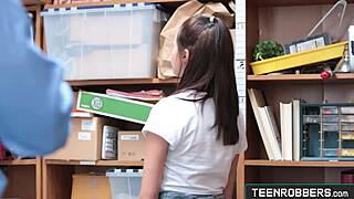 Creepy guard punishes shaved teen 18+ shoplifter with rough hardcore fucking in garage