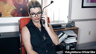 vicky vette spreads her legs to show off her pussy to her boss