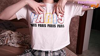 Homemade nipple play until orgasm from modest brunette with fingering and moaning