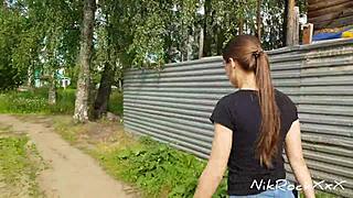 Skinny teen Evelina Darling acts cocky by flashing small tits in public and sucking dick in risky outdoor spots