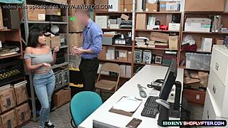 Shoplifter Aryana deepthroats and rides officer's huge cock hard in the office.