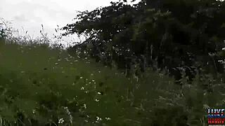 Brunette Kitty in stockings bends over for double doggystyle blowjob in roadside group threesome