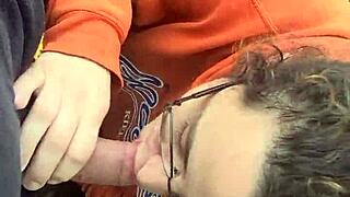 Brunette gives blowjob and photoshoot by the river outdoors