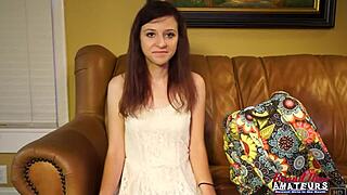 Petite brunette coed Katie Walls starts with sucking big cock deepthroat handjob. Then she gets bent over for doggystyle fucking and cum in mouth.