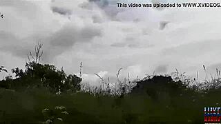 Brunette Kitty in stockings bends over for double doggystyle blowjob in roadside group threesome