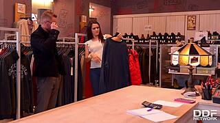 salesgirl seals blow out deal by giving deep blowjob and getting fucked in ass to mouth on black friday