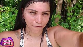 I got so turned on when Nicoly Mattos let that safado fuck her hairy ass raw without condom. He filled her with creampie and she pushed the cum out farting.