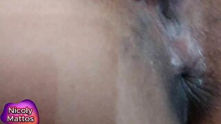 I got so turned on when Nicoly Mattos let that safado fuck her hairy ass raw without condom. He filled her with creampie and she pushed the cum out farting.