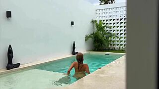 Poolboy bangs cute blonde girlfriend doggystyle outdoors in quickie cowgirl ride