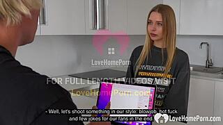 Blonde in lingerie and heels bends over eagerly sucking cock on her knees