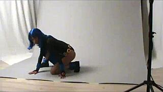 Check out this amateur Raven cosplay girl flashing her costume outdoors in public