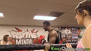 cuckolder swallows jizz after big cock femdom handjob in gym humiliation. old interracial hardcore fetish with monster cock.