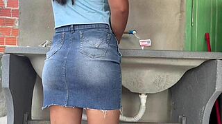 I love when my wife in skirt shows big ass for fucking while washing clothes