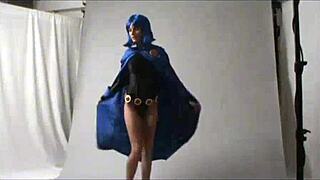 Check out this amateur Raven cosplay girl flashing her costume outdoors in public