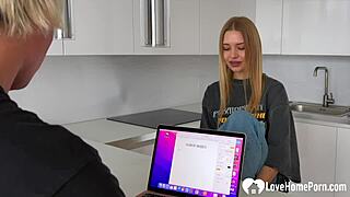 Blonde in lingerie and heels bends over eagerly sucking cock on her knees