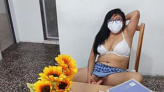 Hey a fake student in sexy short skirt masturbates at home with dildo while her natural tits look inflated in homemade flashing