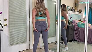 sexy milf gym workout clothes try on haul with big natural tits flashing in leggings
