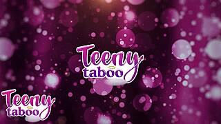 Stepdaughter Brooke Johnson rides stepdad's dick missionary style to cum in shaved pussy.