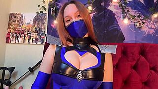 kitana from mortal kombat cosplay blonde shows huge tits and tight ass in real life action!