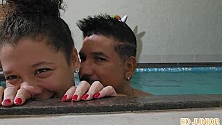 Brazilian brunette pornstar with big tits gives deepthroat blowjob. She gets pov face fucking by huge monster cock in pool.