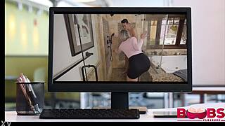 Stepson grabs big tits for hard titty fuck with monster cock and cumshot on milf mother in law.