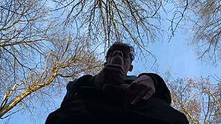 Dominating Outdoor Scene with Cute European Twink Handjob on 9 Inches Cock