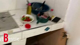 Amateur babe catches stepsister in kitchen for quickie doggystyle fucking with big black cock. They moan passionately until orgasm and cum on ass this Sunday morning.