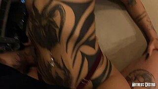 Brazilian pornstar met her new tattooed neighbor with pierced nipples, leading to teasing blowjob and facial cumshot in orgasmic homemade encounter