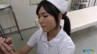 subtle hospital scene where asian nurse passionately assists patient with deep oral relief in lingerie