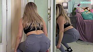 sexy milf gym workout clothes try on haul with big natural tits flashing in leggings