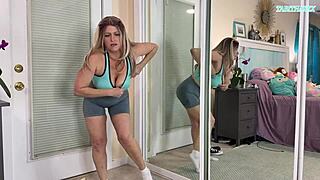sexy milf gym workout clothes try on haul with big natural tits flashing in leggings