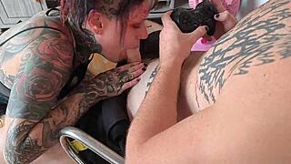 Gay guy licks tattooed pornstar's big ass and wet pussy before intense anal fucking