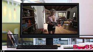 Stepson grabs big tits for hard titty fuck with monster cock and cumshot on milf mother in law.